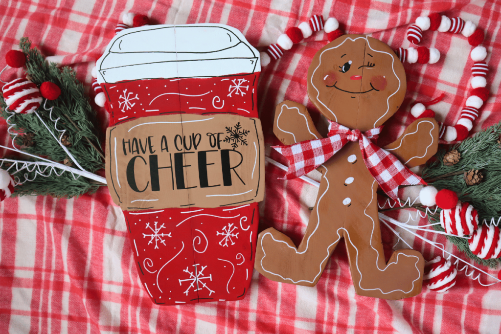 Gingerbread man and Christmas Coffee cup sign made from wood