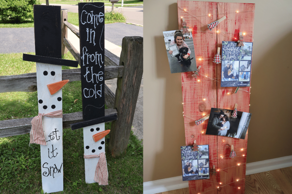 Snowman porch sign and lit christmas card display DIY project shots